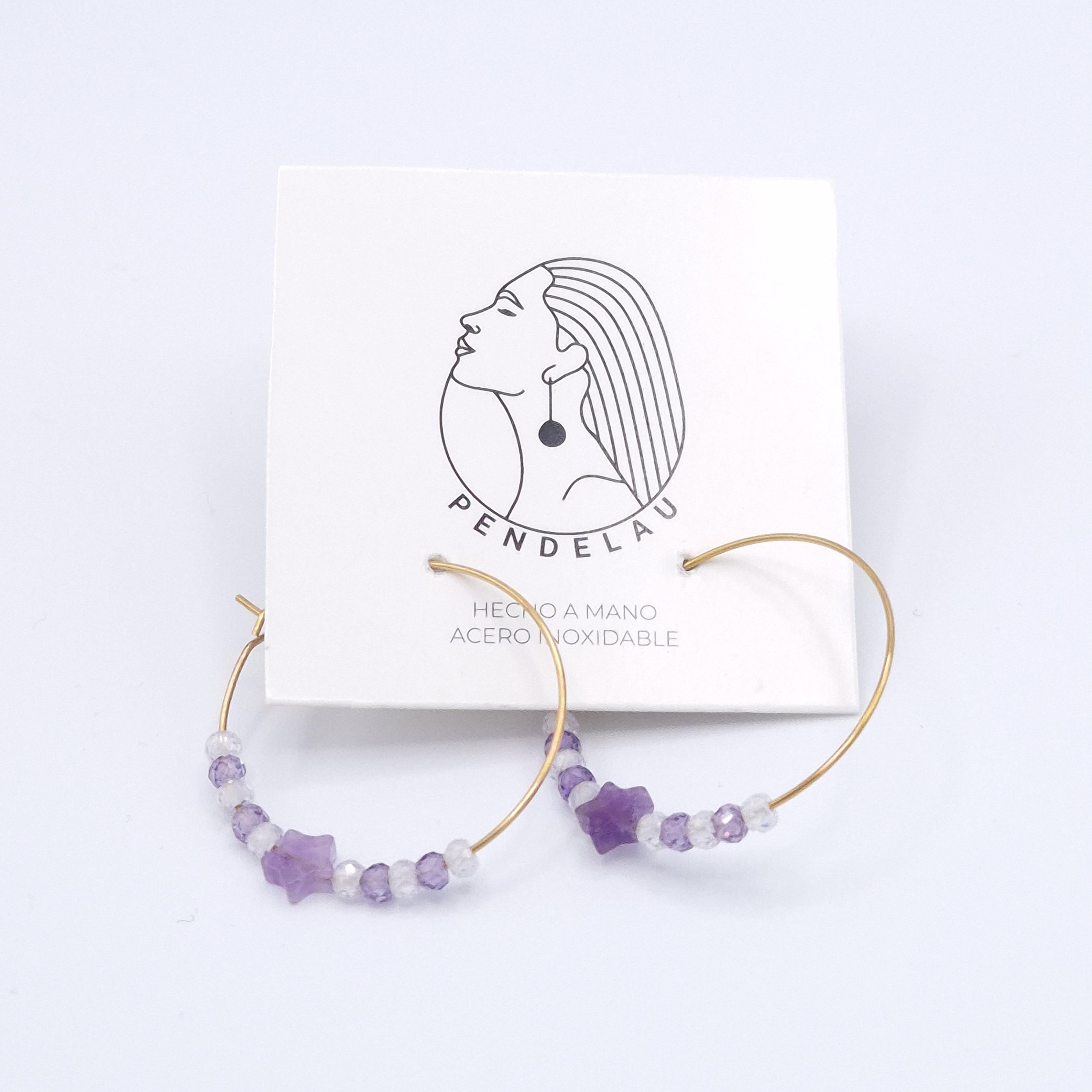 Pendientes cristales morados transparentes cierre aro grande acero dorado