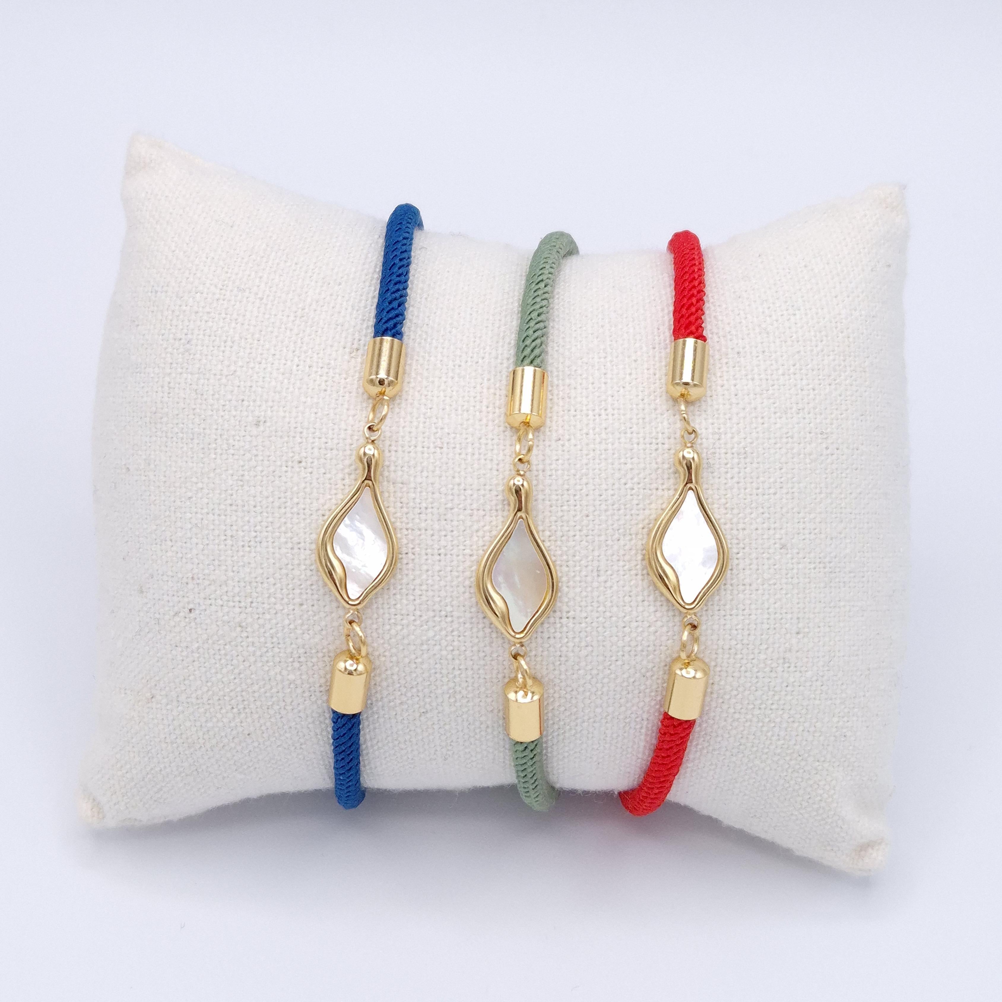 Pulsera cordón trenzado rombo grande nácar rojo acero dorado