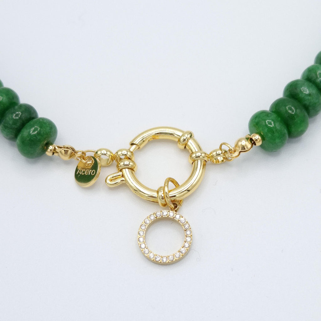 Collar cristales brillantes verde acero dorado