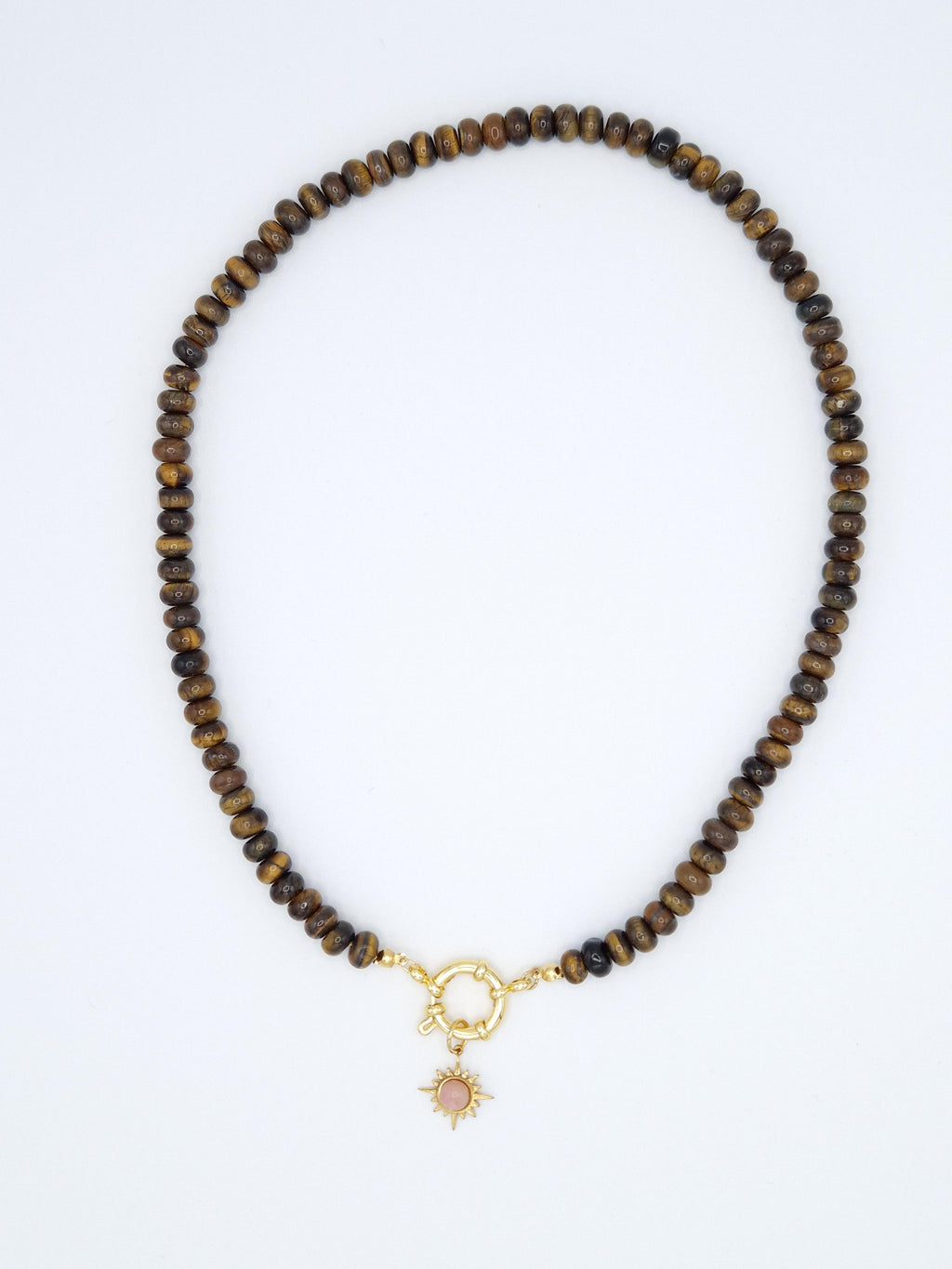 Collar ojo de tigre sol cuarzo rosa detalle