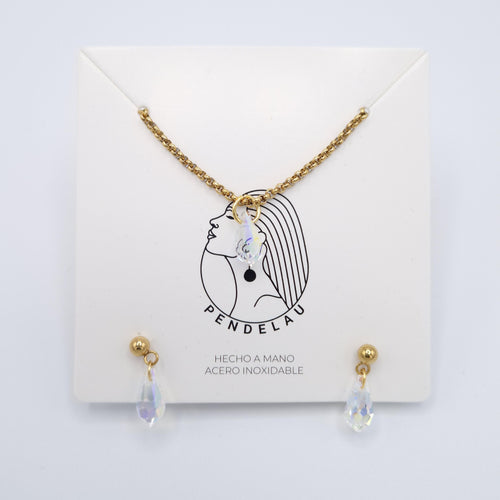 Collar con cristales iridiscentes cierre colgante acero dorado